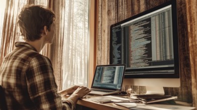 Young adult working remotely at home. The individual is using a laptop and monitor to write code.