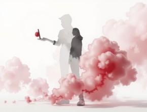 This artistic piece showcases two indistinct figures partially obscured by swirling pink clouds.