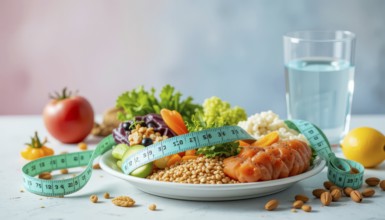 A nutritious plate featuring salmon, vegetables, and measuring tape emphasizes health and diet in a