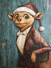 An artistic depiction of a creature with large ears, wearing a Santa hat and a brown suit with a