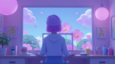 A person with pink hair sits at a desk looking at a computer screen. The screen displays a flower