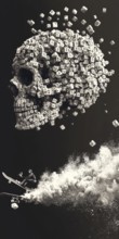 The artwork blends dark themes with dynamic motion. A human skull appears to be formed from