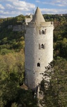 Bad Kösen Saaleck Castle east tower from west 89997 left behind Rudelsburg Castle