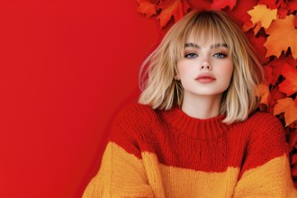 Stylish autumn portrait of a young woman with blonde hair and a red and yellow jumper in front of