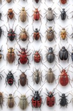 An array of beetles, diverse in color and form, are neatly arranged against a white background. The