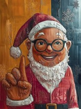 Whimsical artwork depicts Santa with glasses, raising his index finger in a gesturing pose. The