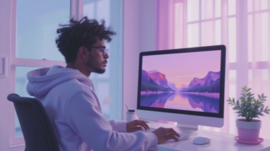 A young man wearing glasses and a hoodie works on a desktop computer in a brightly lit room, a