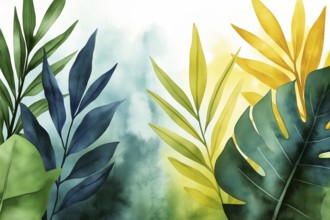 Elegant watercolour illustration with tropical leaves in shades of green and warm yellow, inspired