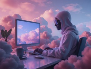 A person wearing a hoodie and glasses works at a computer surrounded by fluffy pink and white