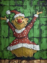 A colorful, abstract painting depicts a whimsical, festive character with a large red nose, wearing