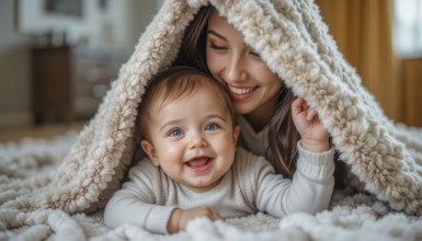 A woman and happy baby under a beige fluffy blanket, exuding warmth and tenderness, AI generated