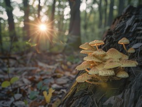 Sunlight filters through the trees of a serene forest, illuminating a cluster of yellow mushrooms