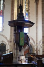 The Lutheran Church of St Thomas, Église Saint Thomas de Strasbourg, Alsace, Stylish wooden pulpit