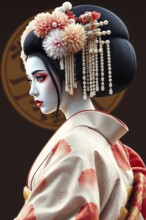 A portrait of a geisha wearing traditional attire with floral head ornaments, ai generated