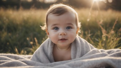 Adorable baby, looking out under a blanket. AI generated image, ai