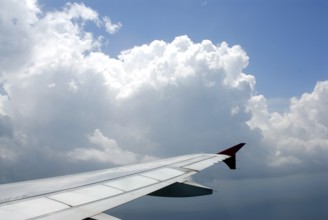 Aerial view of aeroplane wing in blue sky