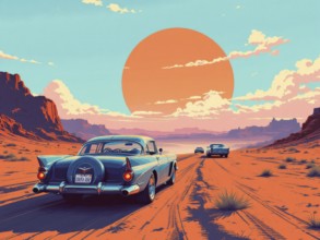 Three classic cars journey across a vast desert landscape, bathed in the warm glow of a setting sun