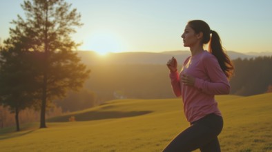 A woman jogging in a scenic, hilly landscape at sunrise, ai generated