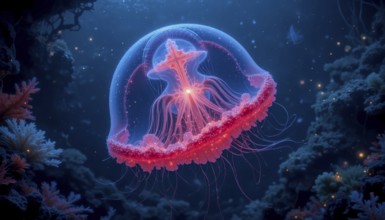 Glowing pink jellyfish floating in a deep ocean, surrounded by coral, creating an ethereal