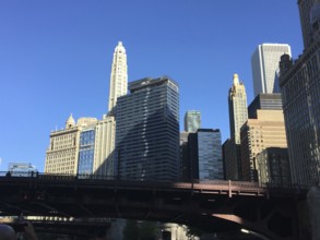 Modern skyscrapers in an urban environment with bridge and shadow in clear sky, chicago, usa