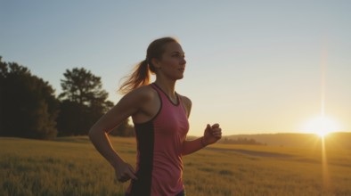 A woman running in an open field at dusk, with the sun setting in the background, ai generated