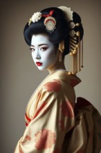 A geisha in traditional attire, portrayed with elegance and cultural richness in dramatic lighting,