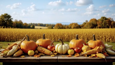 Pumpkins and apples on a table with a blue sky and golden field in the background, AI generated