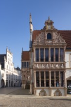 Lemgo, market square with town hall, pharmacy building, extension of the pharmacy building