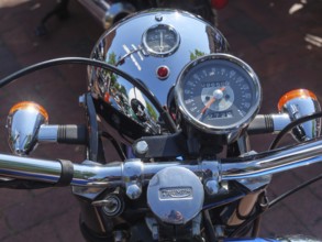 Frontal view of a motorbike handlebar with speedometer and retro design, Appelhülsen, münsterland,