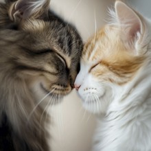 Two affectionate cats cuddling with noses touching, AI generated