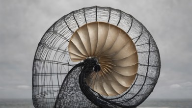 Abstract mesh 3d Nautilus shape design. Abstract spiral golden ratio structure of nautilus . AI