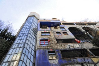 Detail of the colourful façade of the Hundertwasser House, Hundertwasser House, residential