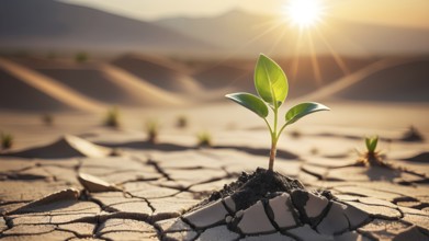 Green seedling on dry cracked desert soil. as save world concept, nature, environment and ecology,