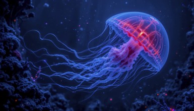 Red and blue glowing jellyfish with streaming tentacles, AI generated