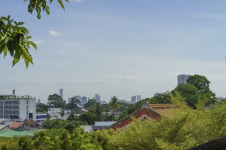 View over the city with green trees and modern skyline on the horizon, penang, malaysia