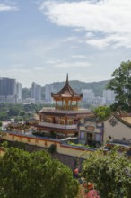 Traditional pavilion with urban landscape and hills, penang, malaysia