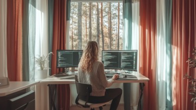 A woman works on a computer in her home office. Two monitors display code. A light interior and