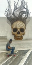 A skateboarder is seated at a skatepark, taking a break with their skateboard beside them. Behind