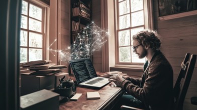 A person with glasses is working on a laptop with a network visualization in a room with many