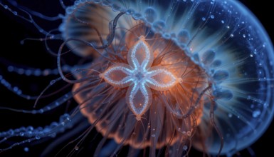 Intricately detailed jellyfish in shades of blue and orange, AI generated