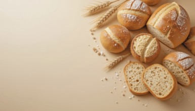 Round bread rolls and slices with wheat stalks on light background, AI generated