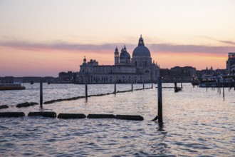 Evening mood, sunset, gondola and Santa Maria della Salute, Venice, Veneto, Italy, Europe