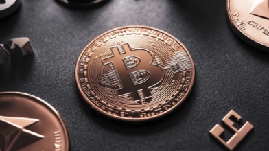 A detailed close-up of a copper-colored cryptocurrency coin with a prominent design is the central