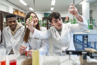 Young chemistry students wearing lab coats performing experiment using test tubes and other