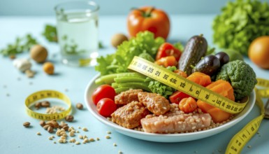 A plate filled with fresh vegetables and measuring tape highlights health-focused eating in a