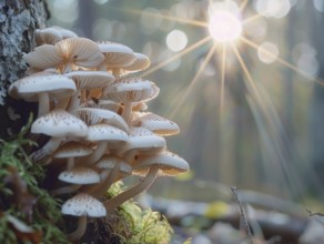 A cluster of small, delicate mushrooms grows on a tree trunk covered in moss. The sunlight filters