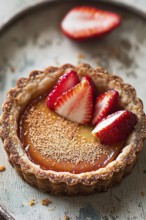 A close-up shot of a small, round tart, filled with a sweet, golden filling and topped with slices