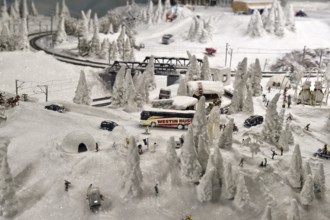 Snowy winter landscape at Miniatur Wunderland Hamburg, Germany, Europe