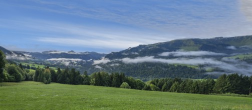 Mist in the valley, Allgäu Alps in the background, Sibratsgfäll, Austria, Europe