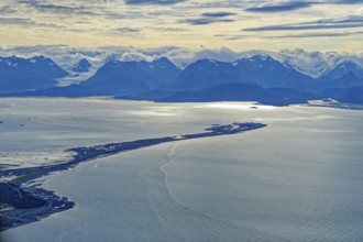 Aerial view of Homer Spit, Homer, Kachemak Bay, mountains of Kachemak Bay State Park, Kenai